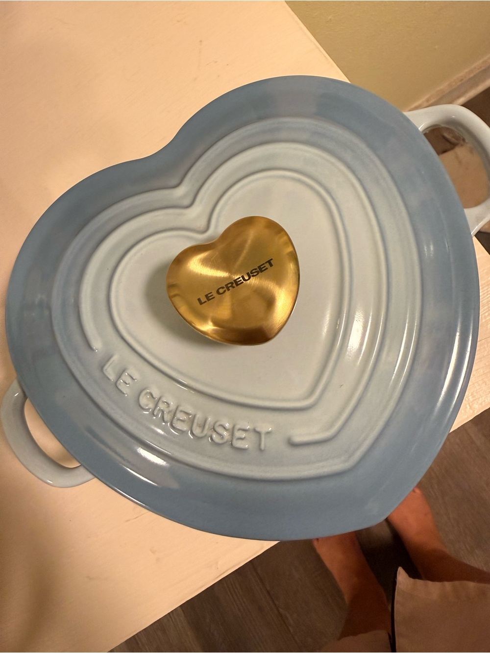 Le Creuset Shallow Heart Coccotte -  Coastal Blue with Heart Gold Knob